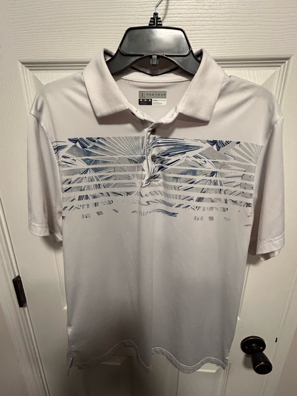 PGA Tour White Polo with Blue Palm-Stripe